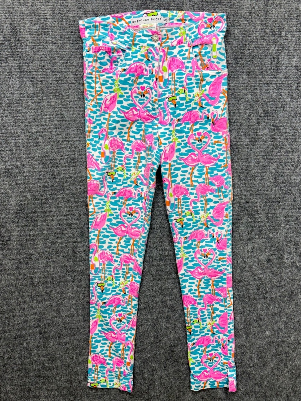 Gretchen Scott Flamingo Print Pants Small Women Blue Pink Tropical Slit Ankle